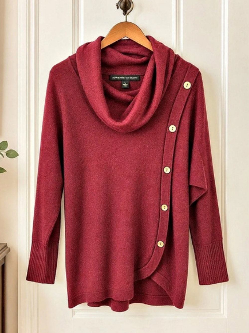 Adrienne Vittadini Burgundy Cowl Neck Asymmetrical Sweater L 23.5" PTP